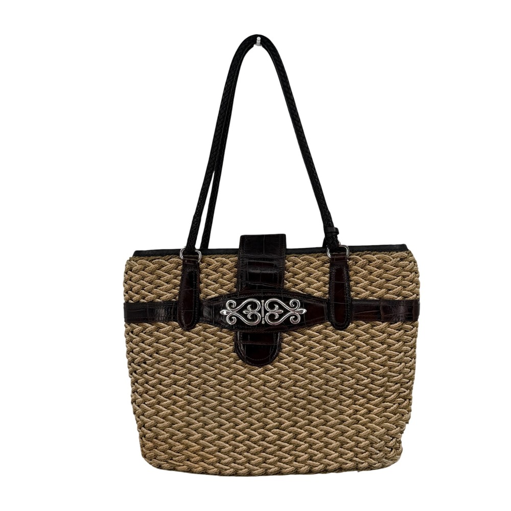 Brighton Tote Bag Women Large Tan Brown Woven Croc Leather Shoulder Purse